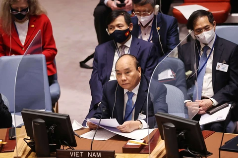 Chủ tịch nước Nguyễn Xuân Phúc tham dự và phát biểu tại một Phiên họp cấp cao của Hội đồng Bảo an Liên hợp quốc. (Ảnh: Thống Nhất/TTXVN) 