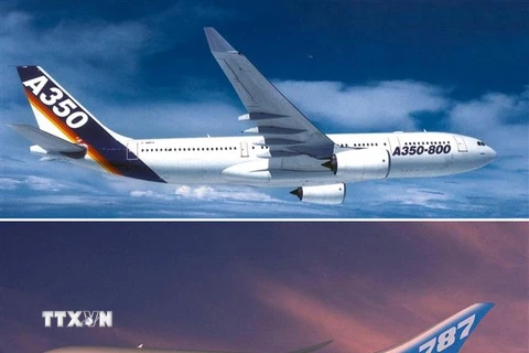 Máy bay Airbus A350-800 (trên) và Boeing 787 (dưới). (Ảnh: AFP/TTXVN) 