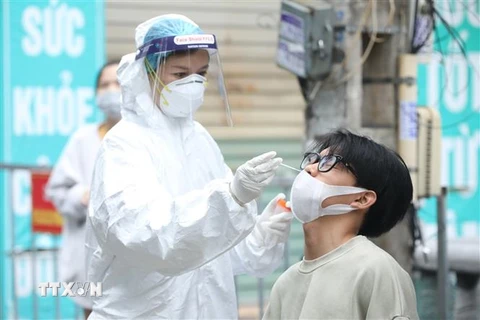 Nhân viên y tế lấy mẫu xét nghiệm COVID-19 cho người dân xã Ninh Hiệp (huyện Gia Lâm), ngày 02/11. (Ảnh: Minh Quyết/TTXVN) 