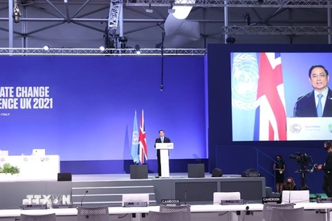 Thủ tướng Phạm Minh Chính phát biểu tại Hội nghị của Liên hợp quốc về biến đổi khí hậu (COP26). (Ảnh: Dương Giang/TTXVN) 