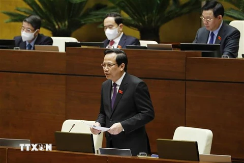 Bộ trưởng Bộ Lao động, Thương binh và Xã hội Đào Ngọc Dung trả lời chất vấn của đại biểu Quốc hội. (Ảnh: Phương Hoa/TTXVN) 