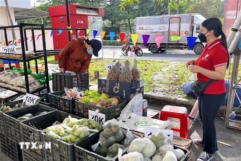 Công nhân, người lao động mua sắm ở điểm bán hàng lưu động, hàng bình ổn tại khu chế xuất Tân Thuận trước giờ khai trương. (Ảnh: TTXVN) 