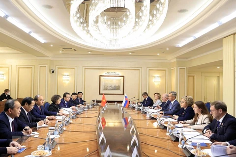 Quang cảnh buổi gặp giữa Chủ tịch nước Nguyễn Xuân Phúc và Chủ tịch Hội đồng Liên bang Nga Valentina Matvienko. (Ảnh: Thống Nhất/TTXVN) 