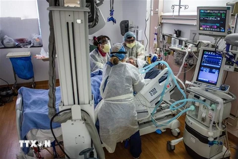 Nhân viên y tế điều trị cho bệnh nhân COVID-19 tại bệnh viện ở Tarzana, bang California, Mỹ. (Ảnh: AFP/TTXVN) 