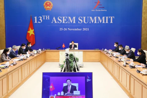 Thủ tướng Chính phủ Phạm Minh Chính phát biểu tại Hội nghị Cấp cao Á-Âu (ASEM) lần thứ 13. (Ảnh: Lâm Khánh/TTXVN) 