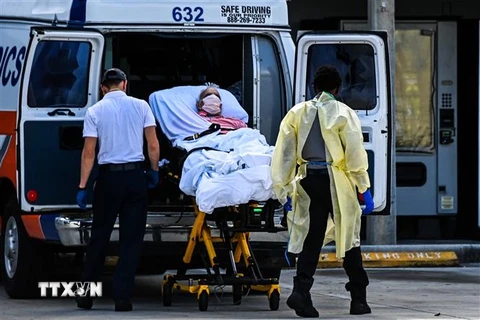 Nhân viên y tế chuyển bệnh nhân nhiễm COVID-19 tới bệnh viện ở Coral Gables gần Miami, Mỹ. (Ảnh: AFP/TTXVN) 