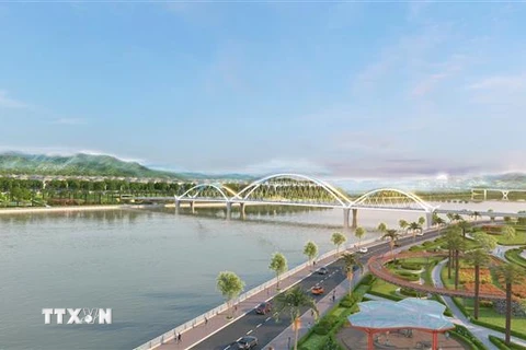 Công trình cầu Giới Phiên bắc qua sông Hồng trên địa bàn thành phố Yên Bái có tổng mức đầu tư 650 tỷ đồng, dự kiến hoàn thành vào năm 2024. (Ảnh: TTXVN) 