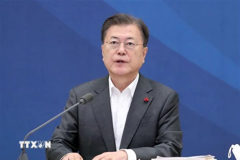 Tổng thống Hàn Quốc Moon Jae-in phát biểu tại cuộc họp ở Seoul ngày 20/12/2021. (Ảnh: Yonhap/TTXVN) 