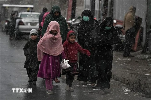 Phụ nữ và trẻ em di chuyển trên đường phố tại Kabul, Afghanistan, ngày 15/12/2021. (Ảnh: AFP/TTXVN) 
