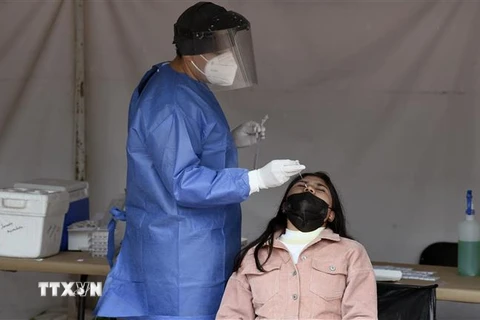 Nhân viên y tế lấy mẫu xét nghiệm COVID-19 cho người dân tại Mexico City. (Ảnh: AFP/TTXVN) 