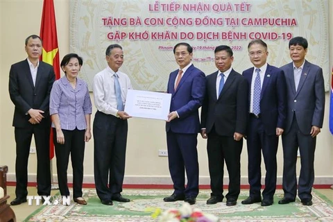 Bộ Trưởng Bùi Thanh Sơn trao tặng quà Tết cho Ban lãnh đạo Hội Khmer-Việt Nam. (Ảnh: Vũ Hùng/TTXVN) 