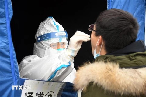 Nhân viên y tế lấy mẫu xét nghiệm COVID-19 tại Bắc Kinh, Trung Quốc ngày 24/1/2022. (Ảnh: THX/TTXVN) 