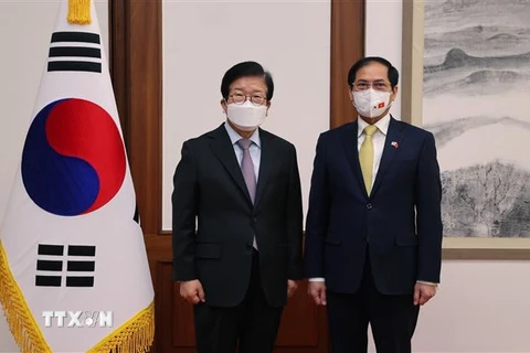 Bộ trưởng Ngoại giao Bùi Thanh Sơn và Chủ tịch Quốc hội Hàn Quốc Park Byeong-seug. (Ảnh: Khánh Vân/TTXVN) 