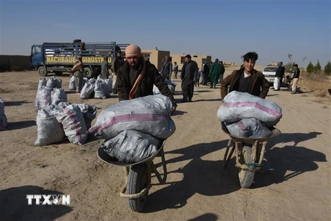 Người dân nhận hàng cứu trợ tại tỉnh Balkh, Afghanistan. (Ảnh: THX/TTXVN) 