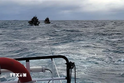 Tàu cứu nạn của Trung tâm Phối hợp tìm kiếm, cứu nạn hàng hải Việt Nam lai dắt 2 tàu cá gặp nạn trên biển về bờ tại Đà Nẵng. (Ảnh: TTXVN phát) 