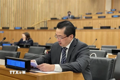 Đại sứ Phạm Hải Anh, Phó trưởng phái đoàn Việt Nam tại Liên hợp quốc, tham dự và phát biểu tại khóa họp. (Ảnh: TTXVN phát) 