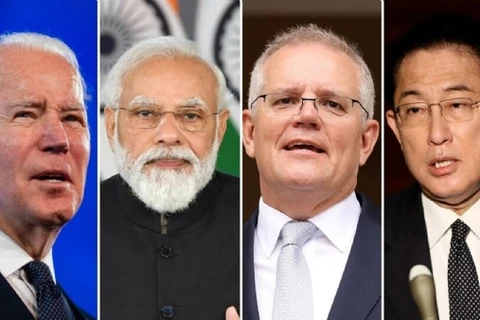 Tổng thống Mỹ Joe Biden, Thủ tướng Ấn Độ Narendra Modi, Thủ tướng Australia Scott Morrison và Thủ tướng Nhật Bản Kishida Fumio. (Nguồn: newsbharati.com) 