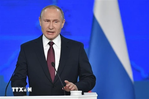 Tổng thống Nga Vladimir Putin phát biểu tại Moskva. (Ảnh: AFP/TTXVN) 