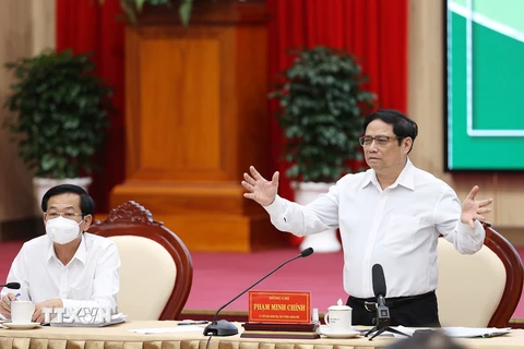 Thủ tướng Phạm Minh Chính chủ trì Hội nghị thúc đẩy phát triển nông nghiệp Đồng bằng sông Cửu Long. (Ảnh: Dương Giang/TTXVN) 