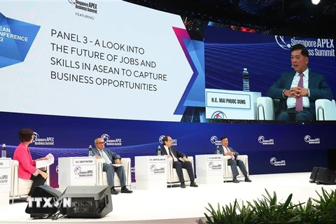 Đại sứ Mai Phước Dũng tại phiên thảo luận trong khuôn khổ Thượng đỉnh Kinh doanh Singapore Apex 2022 ngày 23/3. (Ảnh: Lê Dương/TTXVN) 