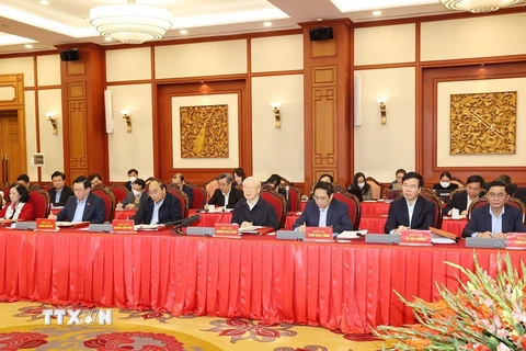 Tổng Bí thư Nguyễn Phú Trọng phát biểu kết luận buổi họp. (Ảnh: Trí Dũng/TTXVN)