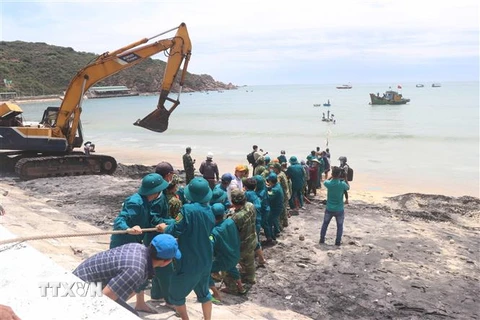 Tổ chức trục vớt phương tiện hành nghề của người dân Nhơn Lý lên bờ. (Ảnh minh họa: Phạm Kha/TTXVN) 