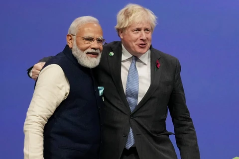 Thủ tướng Anh Boris Johnson và người đồng cấp Ấn Độ Narendra Modi trong một cuộc gặp hồi năm 2021. (Nguồn: Getty Images) 