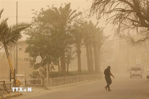 Bão bụi quét qua thành phố Nasiriyah, Iraq ngày 9/4/2022. (Ảnh: AFP/TTXVN) 