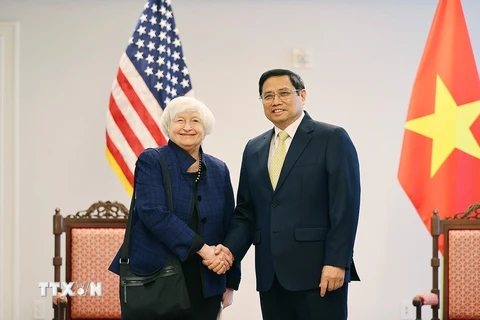 Thủ tướng Phạm Minh Chính tiếp bà Janet Yellen, Bộ trưởng Tài chính Hoa Kỳ. (Ảnh: Dương Giang/TTXVN) 