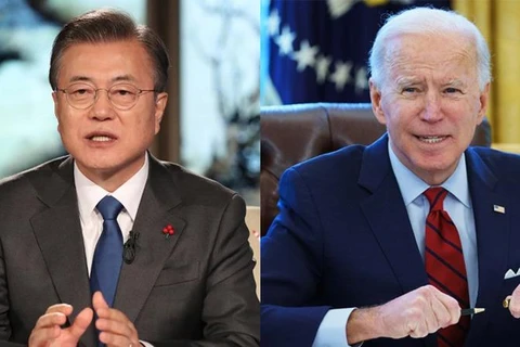 ​Cựu Tổng thống Hàn Quốc Moon Jae-in và Tổng thống Mỹ Joe Biden. (Nguồn: AFP) 