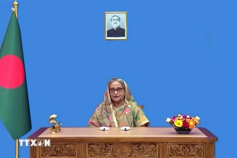 Thủ tướng Bangladesh Sheikh Hasina trong bài phát biểu ghi hình sẵn. (Ảnh: Đào Thanh Tùng/TTXVN) 