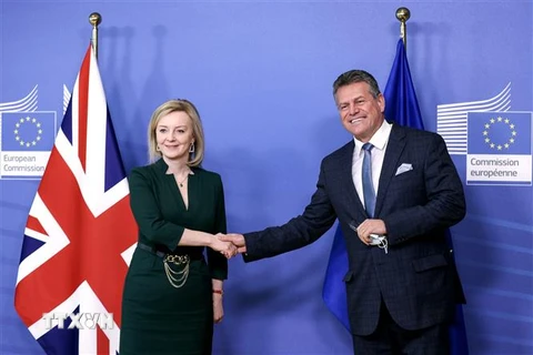 Phó Chủ tịch Ủy ban châu Âu (EC) Maros Sefcovic (phải) trong cuộc gặp Ngoại trưởng Anh Liz Truss về việc Anh rời khỏi Liên minh châu Âu (EU) ngày 21/2/2022. (Ảnh: AFP/TTXVN) 