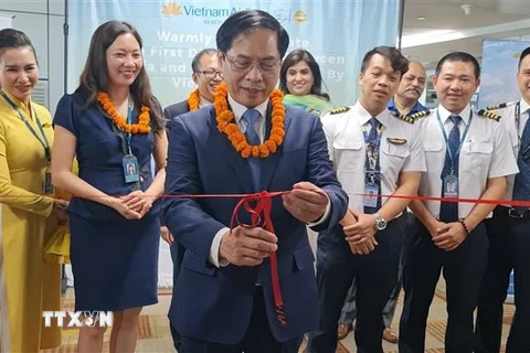Bộ trưởng Ngoại giao Bùi Thanh Sơn cắt băng khánh thành đường bay thẳng của Vietnam Airlines chặng Hà Nội-New Delhi. (Ảnh: Huy Lê/TTXVN) 