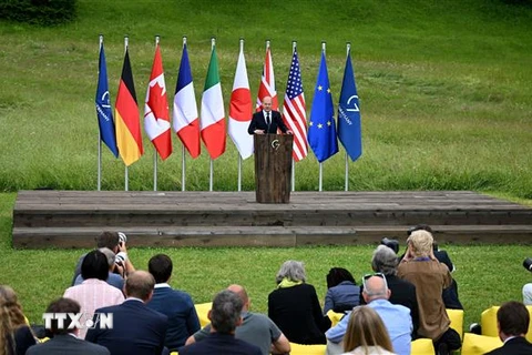 Thủ tướng Đức Olaf Scholz phát biểu tại lễ bế mạc Hội nghị thượng đỉnh G7 ở Lâu đài Elmau, Đức, ngày 28/6/2022. (Ảnh: AFP/TTXVN) 