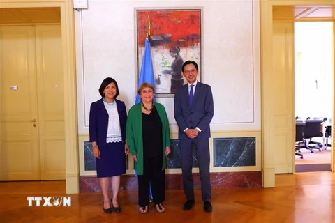 Đại sứ Lê Thị Tuyết Mai, Cao ủy Nhân quyền Liên hợp quốc Michelle Bachelet, Trợ lý Bộ Trưởng Đỗ Hùng Việt tại Văn phòng Cao ủy Nhân quyền Liên hợp quốc ngày 30/6 (từ trái qua phải). (Ảnh: TTXVN phát) 