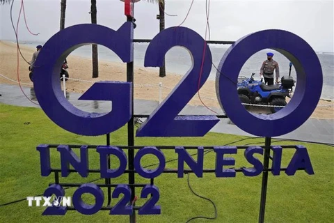 Biểu tượng Hội nghị Ngoại trưởng G20 tại Nusa Dua, Indonesia, ngày 7/7/2022. (Ảnh: AFP/TTXVN) 