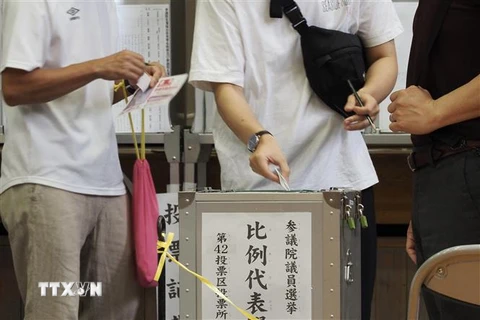Cử tri bỏ phiếu trong cuộc bầu cử Thượng viện tại Tokyo, Nhật Bản ngày 10/7/2022. (Ảnh: AFP/TTXVN) 