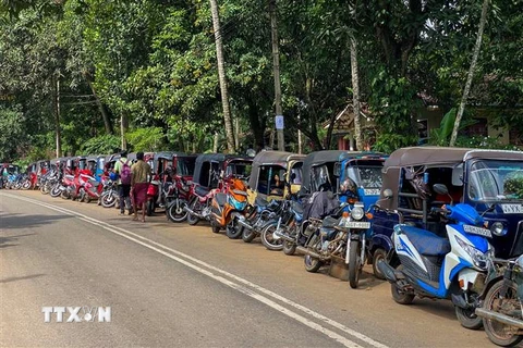 Các phương tiện xếp hàng chờ bơm xăng tại Pugoda, Sri Lanka, ngày 23/6/2022. (Ảnh: AFP/TTXVN) 
