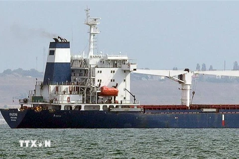 Chuyến tàu đầu tiên chở ngũ cốc của Ukraine rời cảng Odessa ngày 1/8/2022. (Ảnh: AFP/TTXVN) 