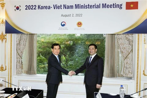 Bộ trưởng Công Thương Nguyễn Hồng Diên và Bộ trưởng Thương mại, Công nghiệp và Năng lượng Hàn Quốc Lee Chang-yang tại buổi hội đàm. (Ảnh: Anh Nguyên/TTXVN) 