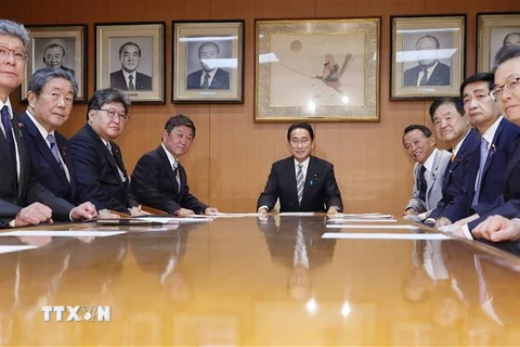 Thủ tướng Nhật Bản Kishida Fumio (giữa) chủ trì cuộc họp Ban lãnh đạo đảng Dân chủ Tự do (LDP) cầm quyền tại Tokyo, ngày 10/8/2022. (Ảnh: AFP/TTXVN) 