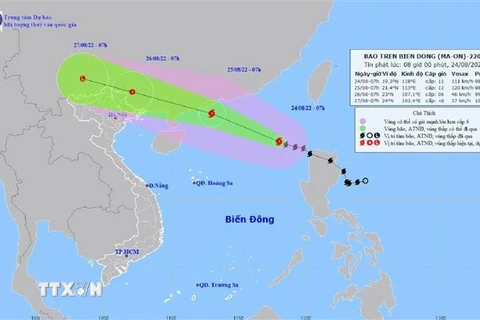 Bản đồ đường đi của bão số 3 trên biển Đông (sáng 24/8). (Ảnh: TTXVN phát) 