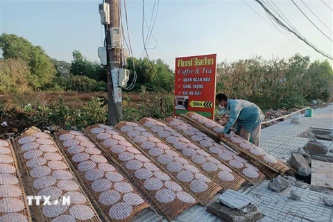 Phơi bánh tráng tại Làng nghề truyền thống bánh tráng An Ngãi, tỉnh Bà Rịa-Vũng Tàu. (Ảnh: TTXVN phát) 
