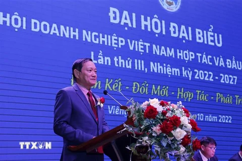 Đại hội đại biểu Hội doanh nghiệp Việt Nam hợp tác và đầu tư tại Lào lần thứ III nhiệm kỳ 2022-2027 diễn ra tại thủ đô Vientiane. (Ảnh: Phạm Kiên/TTXVN) 