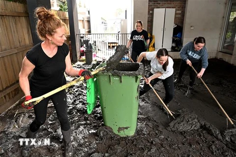 Người dân dọn bùn sau mưa lũ tại ngoại ô thành phố Melbourne, bang Victoria, Australia ngày 15/10/2022. (Ảnh: AFP/TTXVN) 