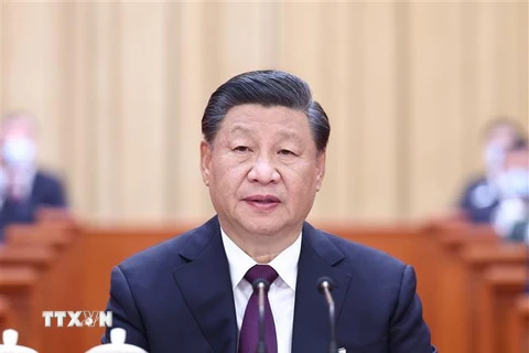 Tổng Bí thư Ban chấp hành Trung ương Đảng Cộng sản, Chủ tịch nước Trung Quốc Tập Cận Bình tại phiên bế mạc Đại hội đại biểu toàn quốc lần thứ XX Đảng Cộng sản Trung Quốc ở thủ đô Bắc Kinh, ngày 22/10/2022. (Ảnh: THX/TTXVN) 