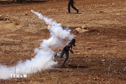 Người biểu tình Palestine ném hơi cay về phía binh lính Israel tại Nablus, Khu Bờ Tây, ngày 9/9/2022. (Ảnh: THX/TTXVN)