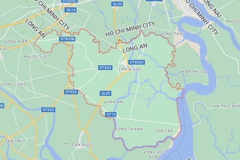 Phạm vi lập quy hoạch chung đô thị Cần Giuộc là toàn bộ địa giới hành chính huyện Cần Giuộc, gồm thị trấn Cần Giuộc và 14 xã. (Nguồn: Google Maps)