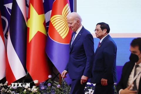 Thủ tướng Phạm Minh Chính và Tổng thống Hoa Kỳ Joe Biden tại Hội nghị Cấp cao ASEAN- Hoa Kỳ lần thứ 10. (Ảnh: Dương Giang/TTXVN)