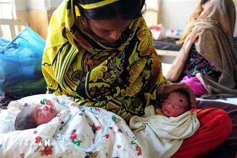 Bà mẹ chăm sóc hai bé sinh đôi tại bệnh viện ở Karachi, Pakistan. (Ảnh: AFP/TTXVN) 